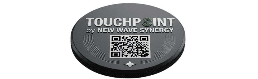 A Touchpoint tag disc with the wordmark and a QR code, produced for mounting on assets