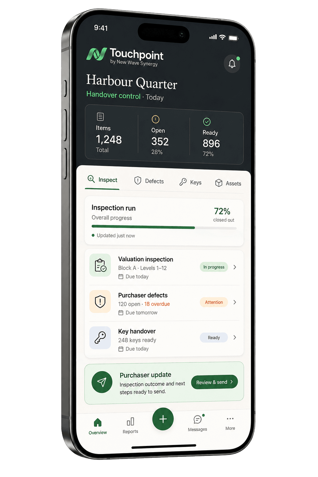 Touchpoint mobile app interface showing a live handover dashboard, inspections, purchaser defects, key handover and purchaser updates